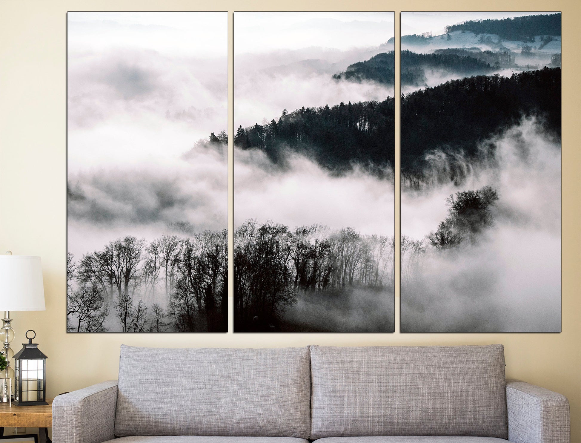 Fog Mountain Print Black White Mountain, Misty Fog Mountain Set Print Fog Forest Art