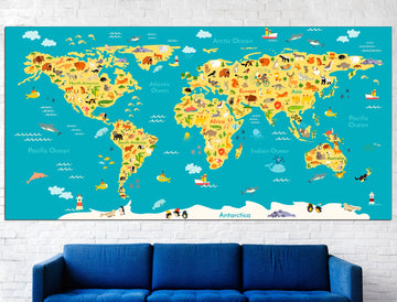 Kids World Map Animal World Map Kids Map Canvas, Kids Map Art Kids Map Print World Map Wall Art