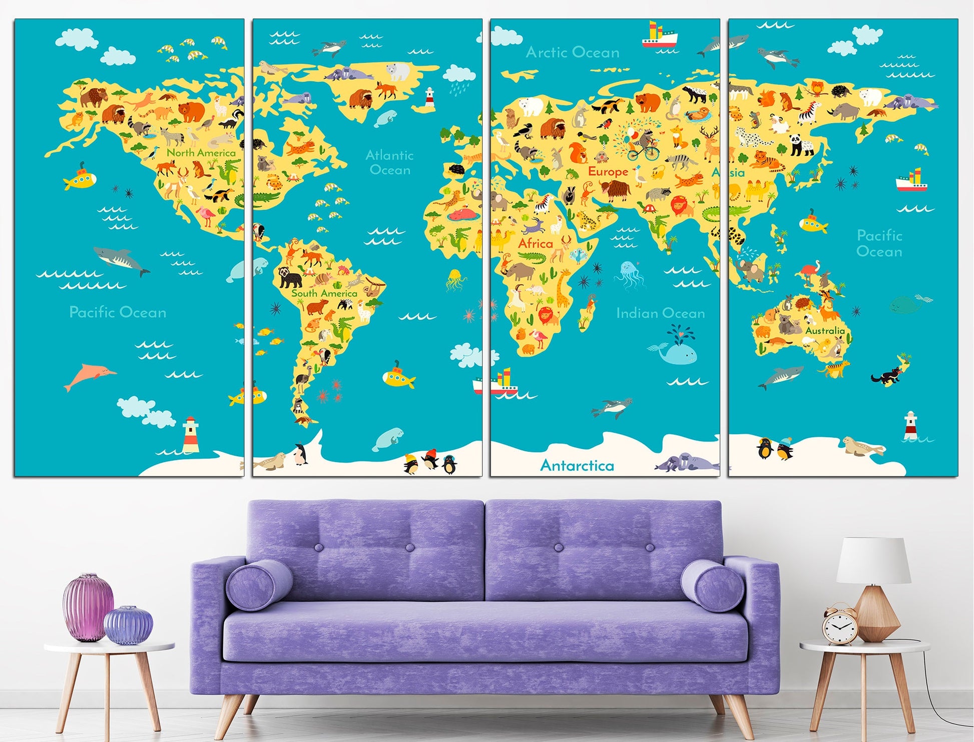 Kids World Map Animal World Map Kids Map Canvas, Kids Map Art Kids Map Print World Map Wall Art