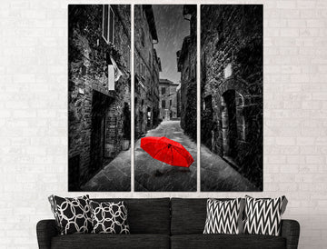 Red umbrella art Canvas wall art Umbrella wall art, 3 piece wall art Umbrella wall decor Red and black art