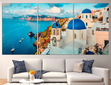 Greece canvas 3 piece wall art Santorini poster, Greece wall art Multi panel canvas Extra large wall art