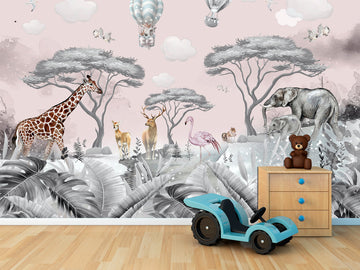 Kids wall murals Pink wallpaper Kids wall decor, Animals wallpaper Tropical wallpaper Kids room decor, Kids room wallpapers