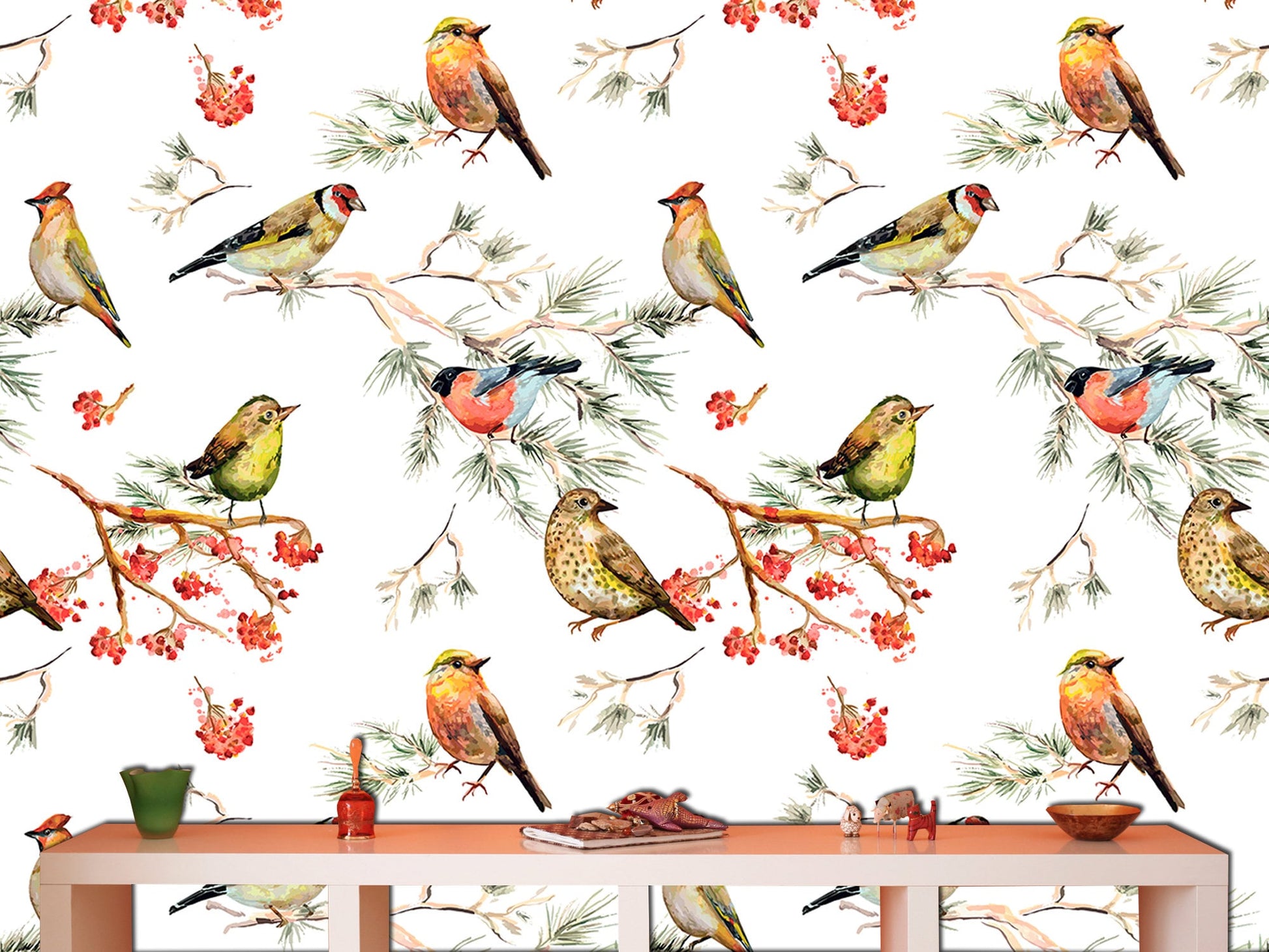 Winter bird decor Forest wallpaper Bird wall art, Art deco wallpaper Bird lover gift Colorful home decor