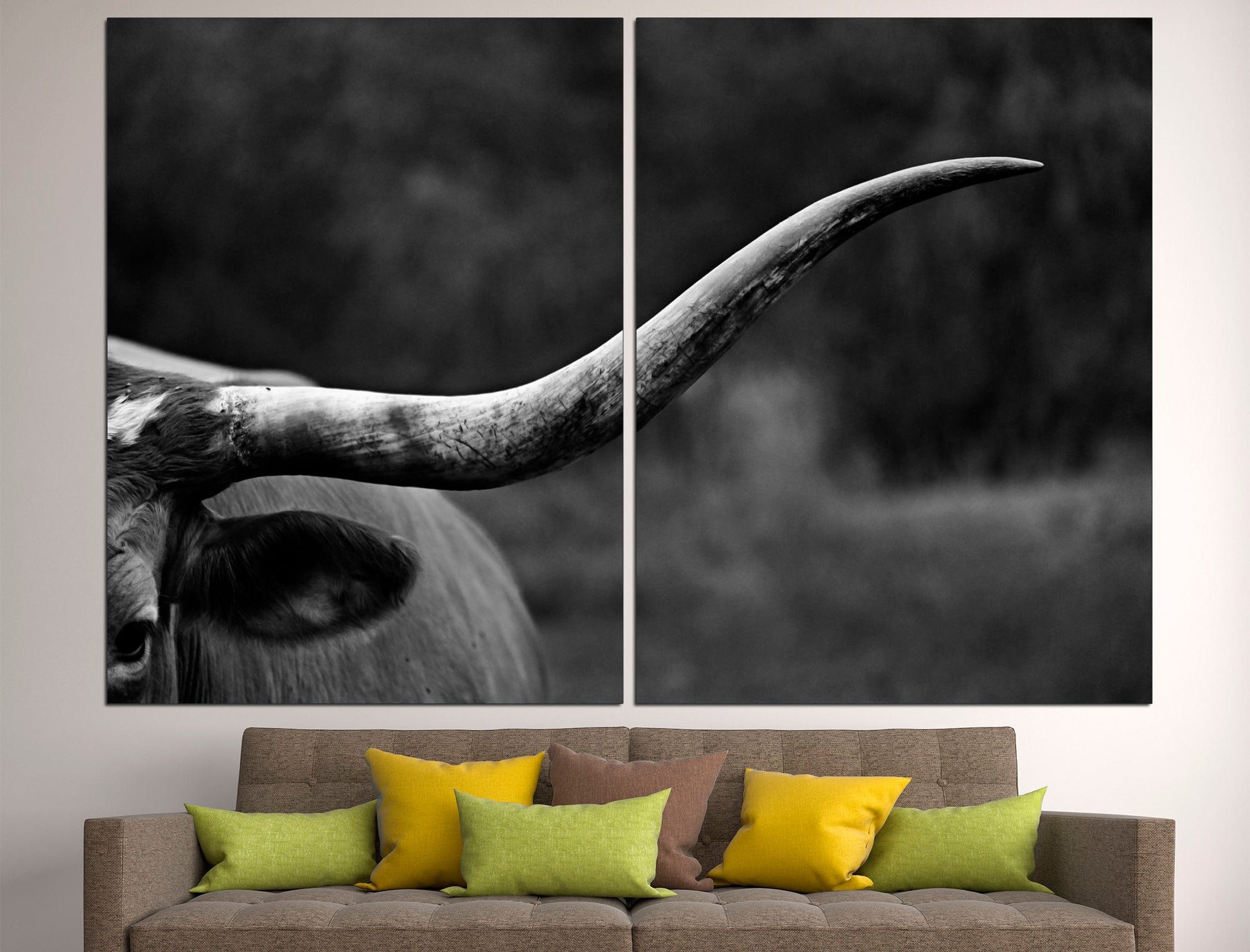 Horn print Bull canvas print Longhorn bull, Buffalo horn Large canvas art Bull wall print
