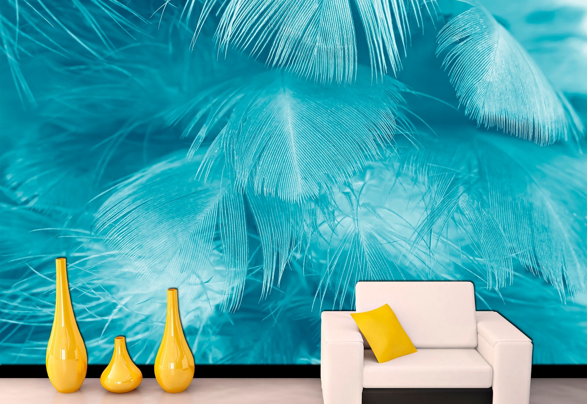 Feather wallpaper Bedroom wall decor Blue wallpaper Bedroom wall art, Modern wallpaper Feather wall art Large wall decor