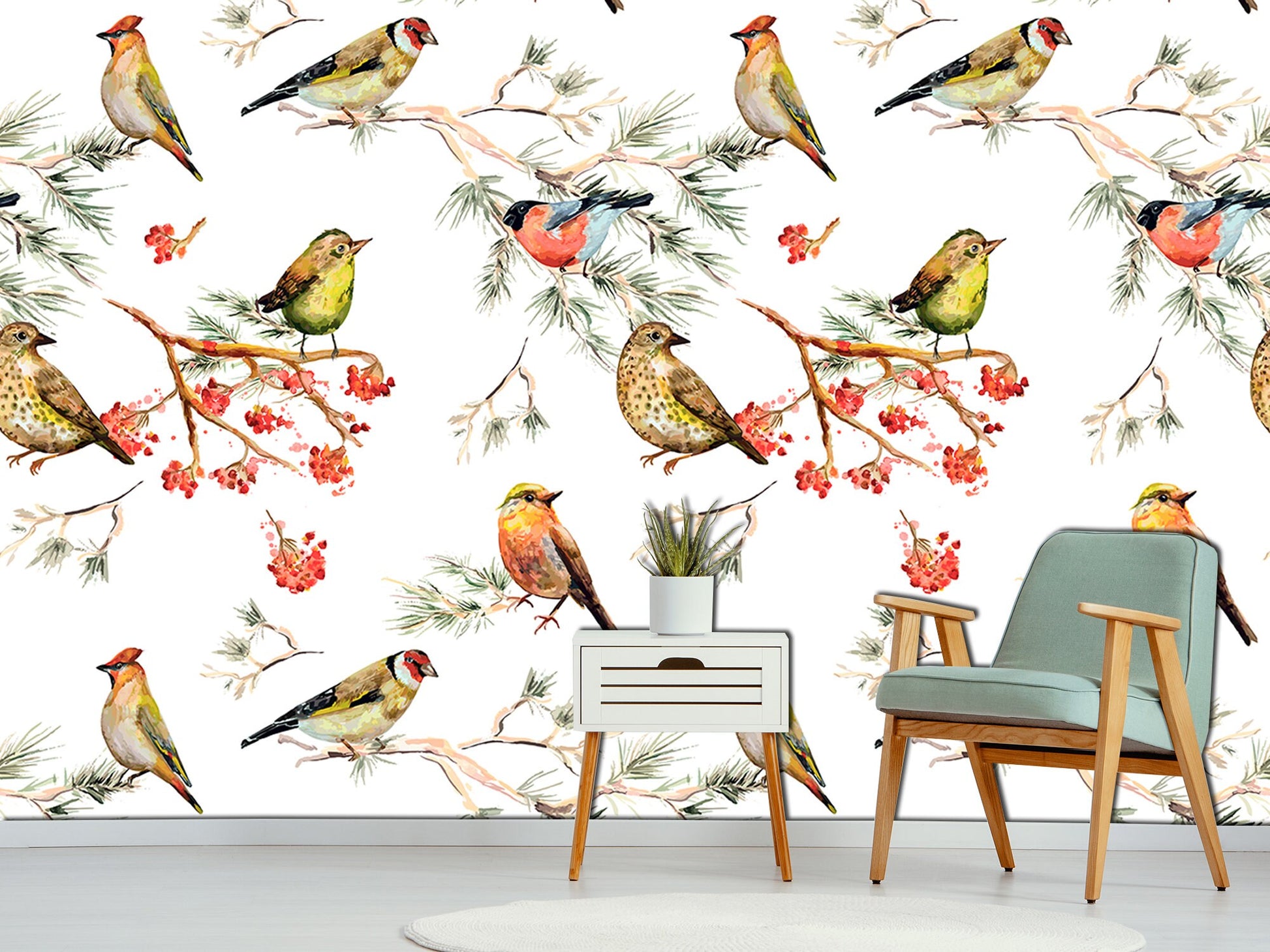 Winter bird decor Forest wallpaper Bird wall art, Art deco wallpaper Bird lover gift Colorful home decor
