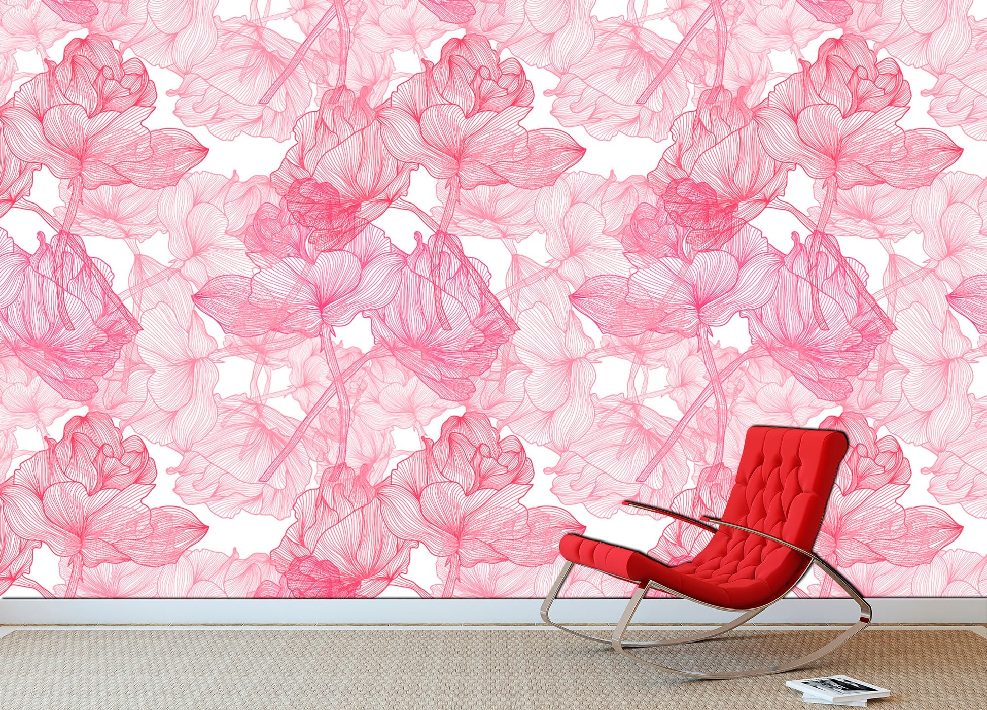 Pink flower wall Floral wallpaper Pink wall art Nursery wallpaper, Girly wall art Adhesive wallpaper Girl wallpaper