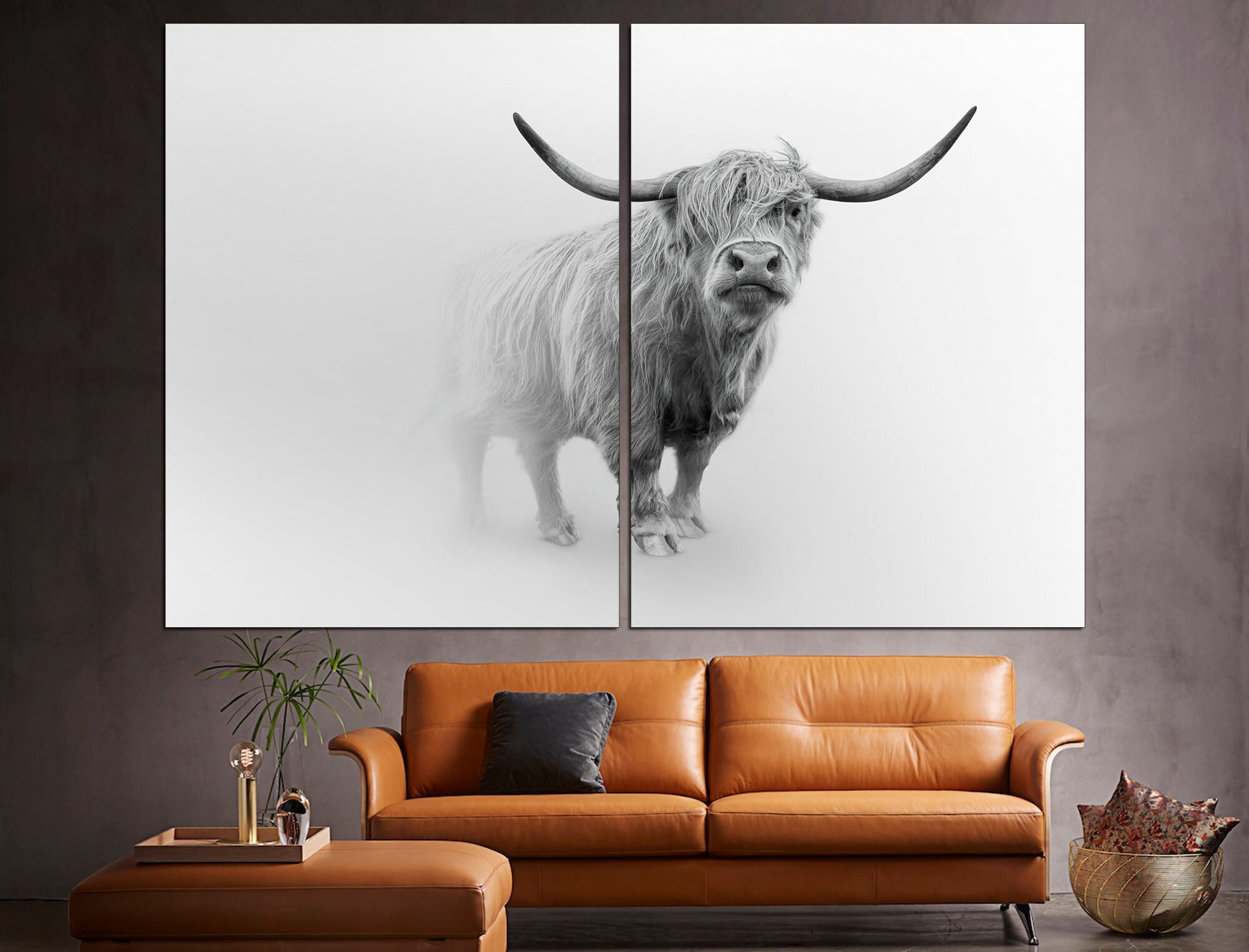 Longhorn bull Fog animal print Large canvas art, Bull wall art Foggy forest Longhorn bull Cow art print