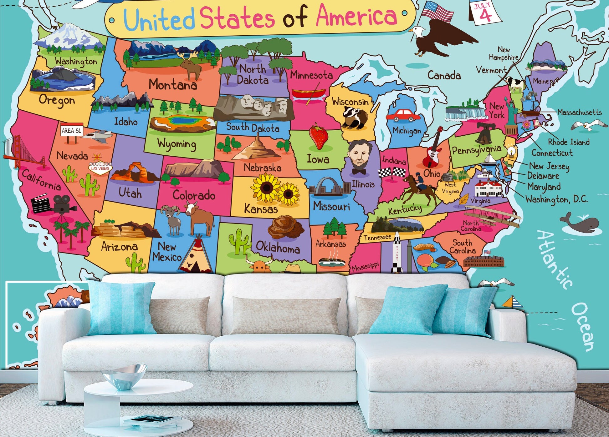 United States map Mural wallpaper Map wall decal, Kids room wallpaper State wall art Modern wallpaper USA wallpaper