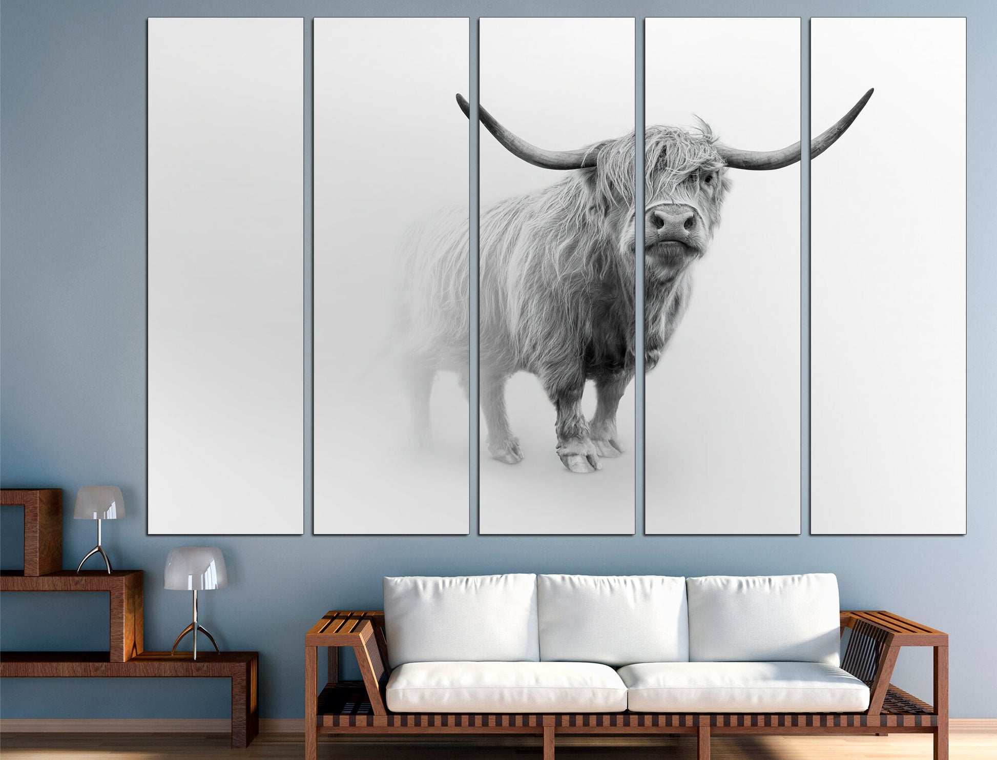 Longhorn bull Fog animal print Large canvas art, Bull wall art Foggy forest Longhorn bull Cow art print