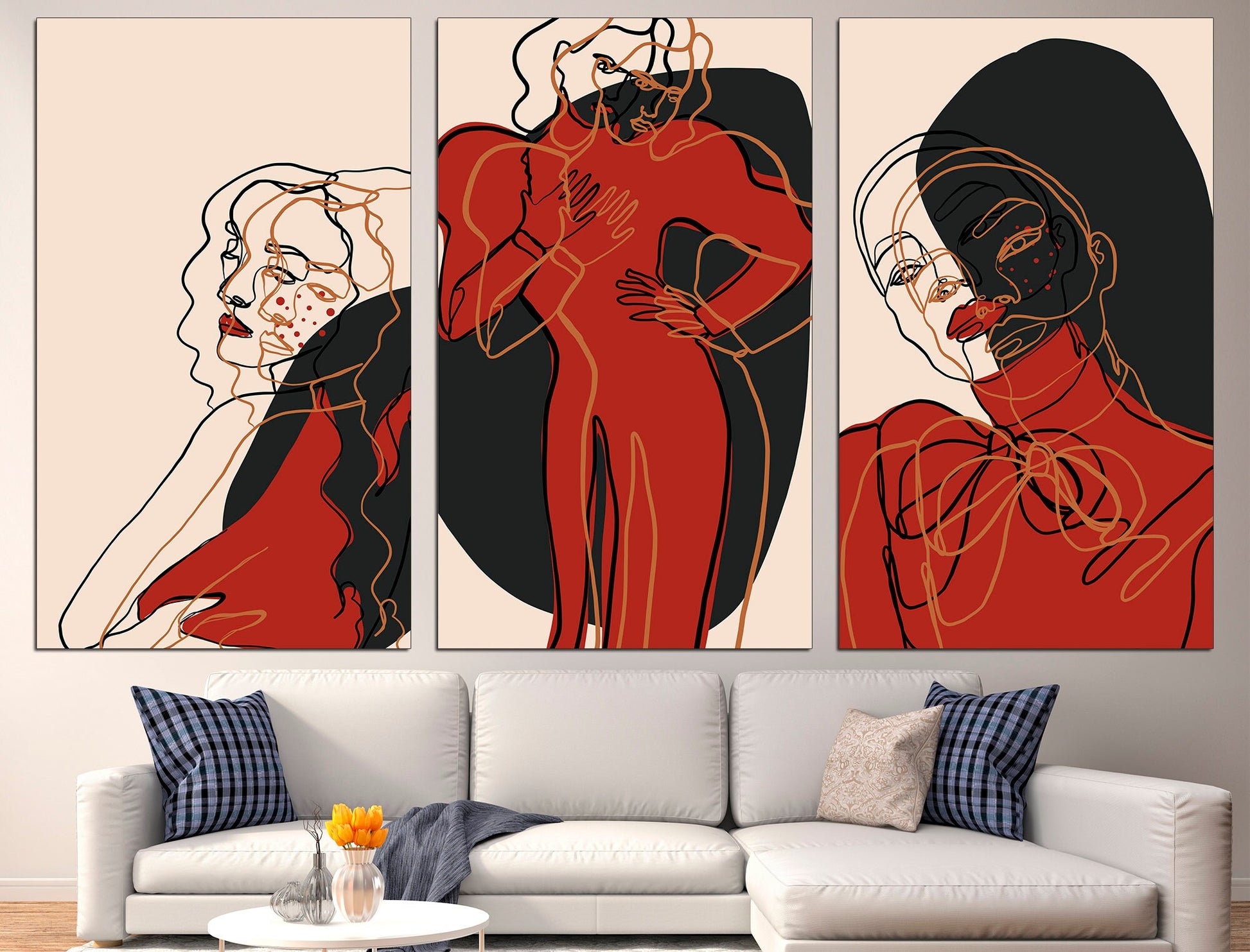 Line art woman Set of 3 wall art Female line art, 3 piece wall art Large canvas art Triptych wall art