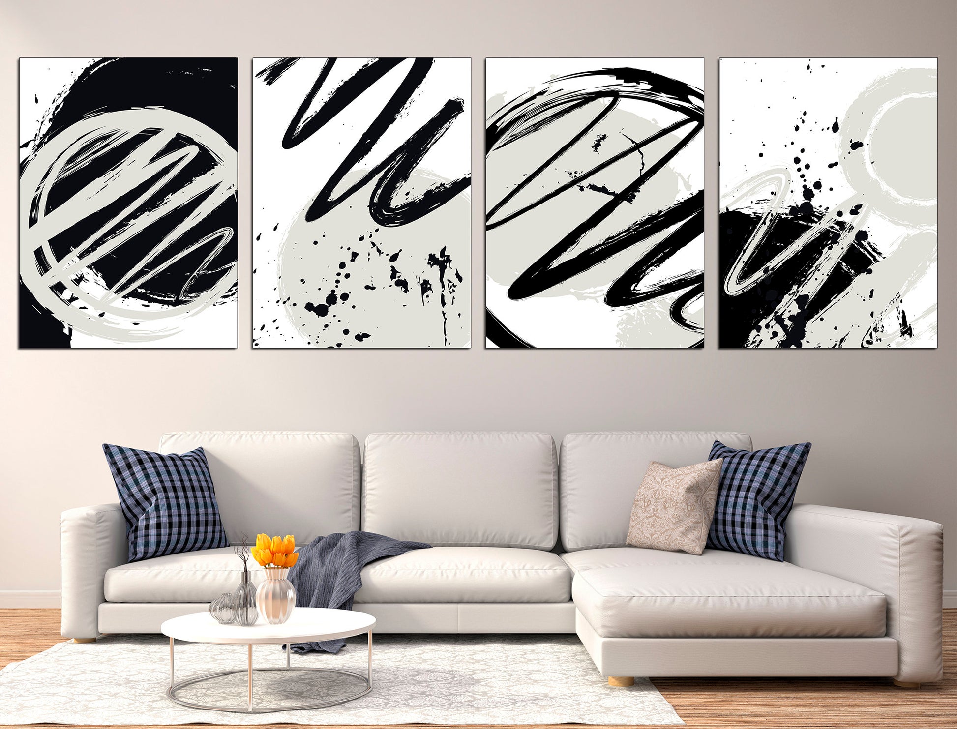 Black white print Set of 4 wall art Contemporary art, Set of 4 canvas Modern abstract art Large canvas art