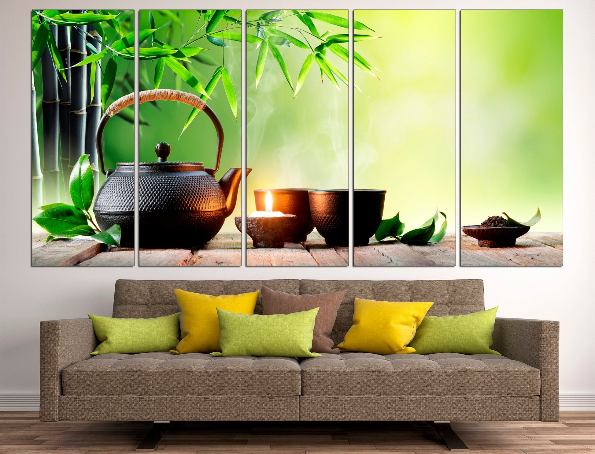Tea canvas Green room decor Kitchen wall decor, Japanese tea set Gifts for tea lovers Green tea print