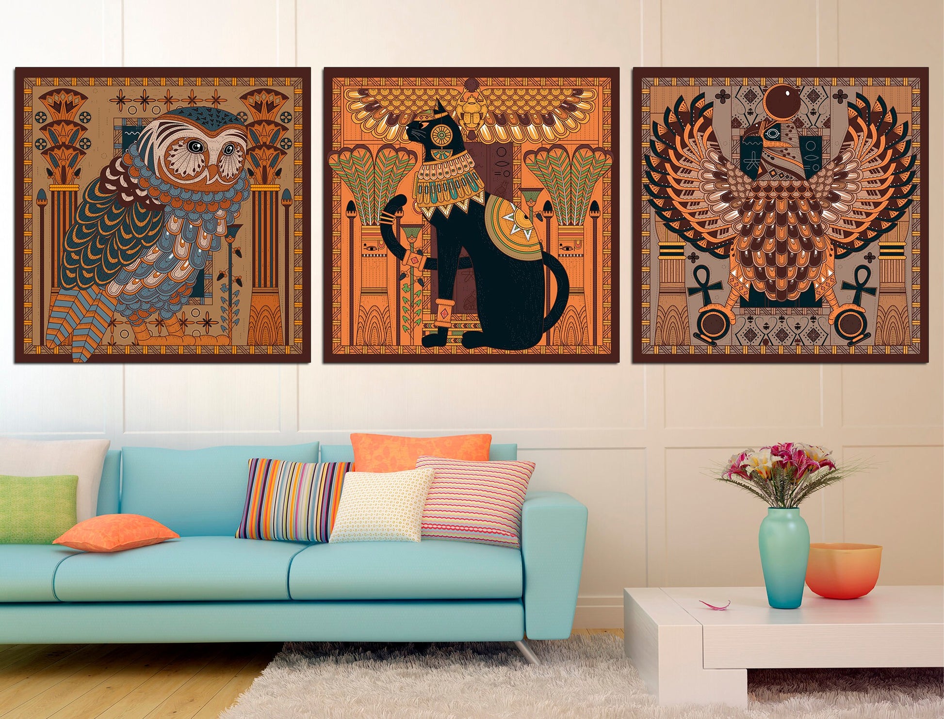 Egyptian print 3 piece wall art Egyptian home decor, Set of 3 wall art Large canvas prints Boho wall decor