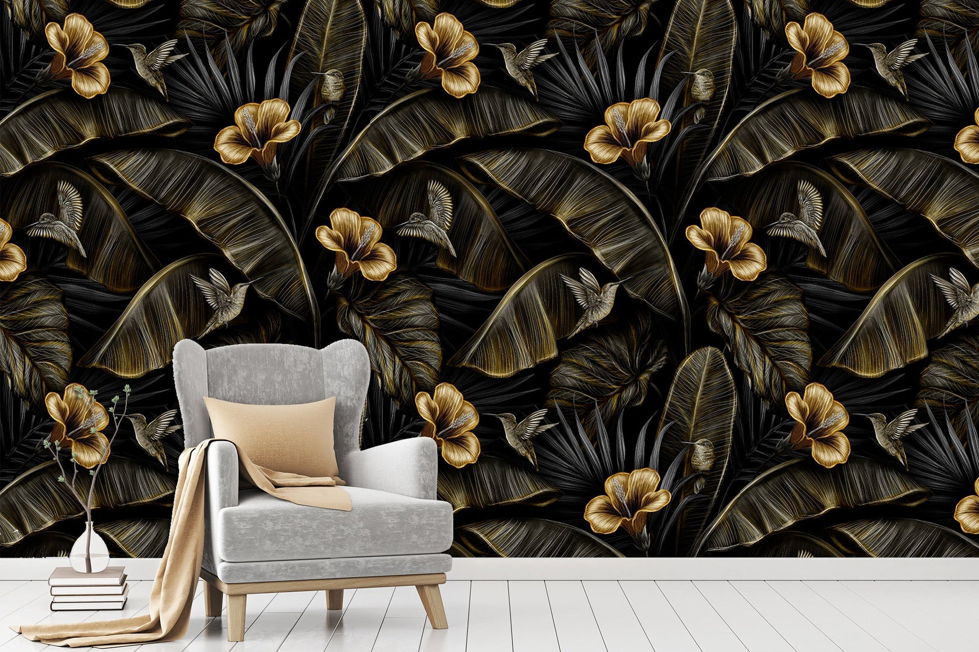 Gold tropical leafs Mural wallpaper Banana leaf wallpaper, Leaf wall art Bohemian wall decor Art deco wallpaper