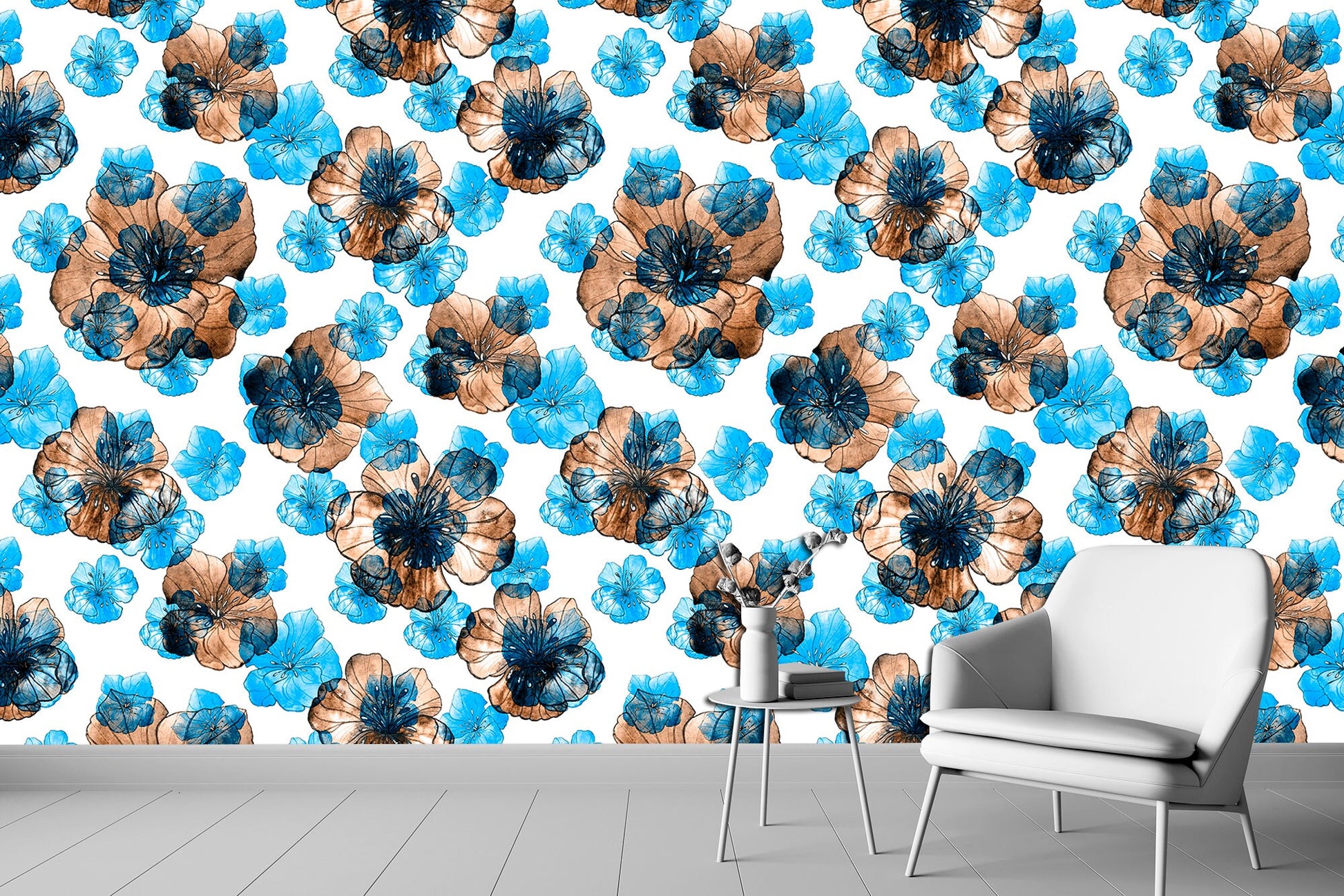 Blue watercolor Flower wallpaper Blue flower print, Floral wall mural Peel stick wallpaper Blue wall decor