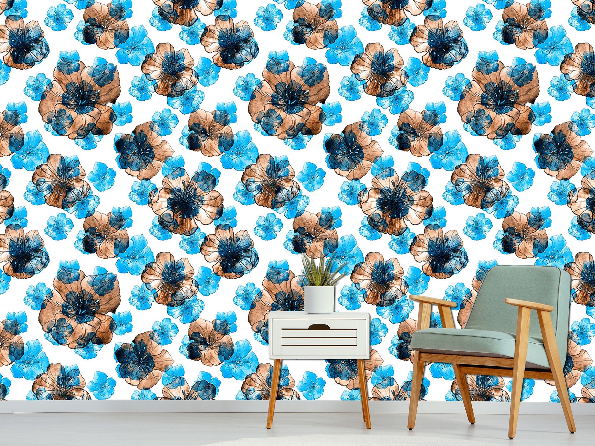 Blue watercolor Flower wallpaper Blue flower print, Floral wall mural Peel stick wallpaper Blue wall decor