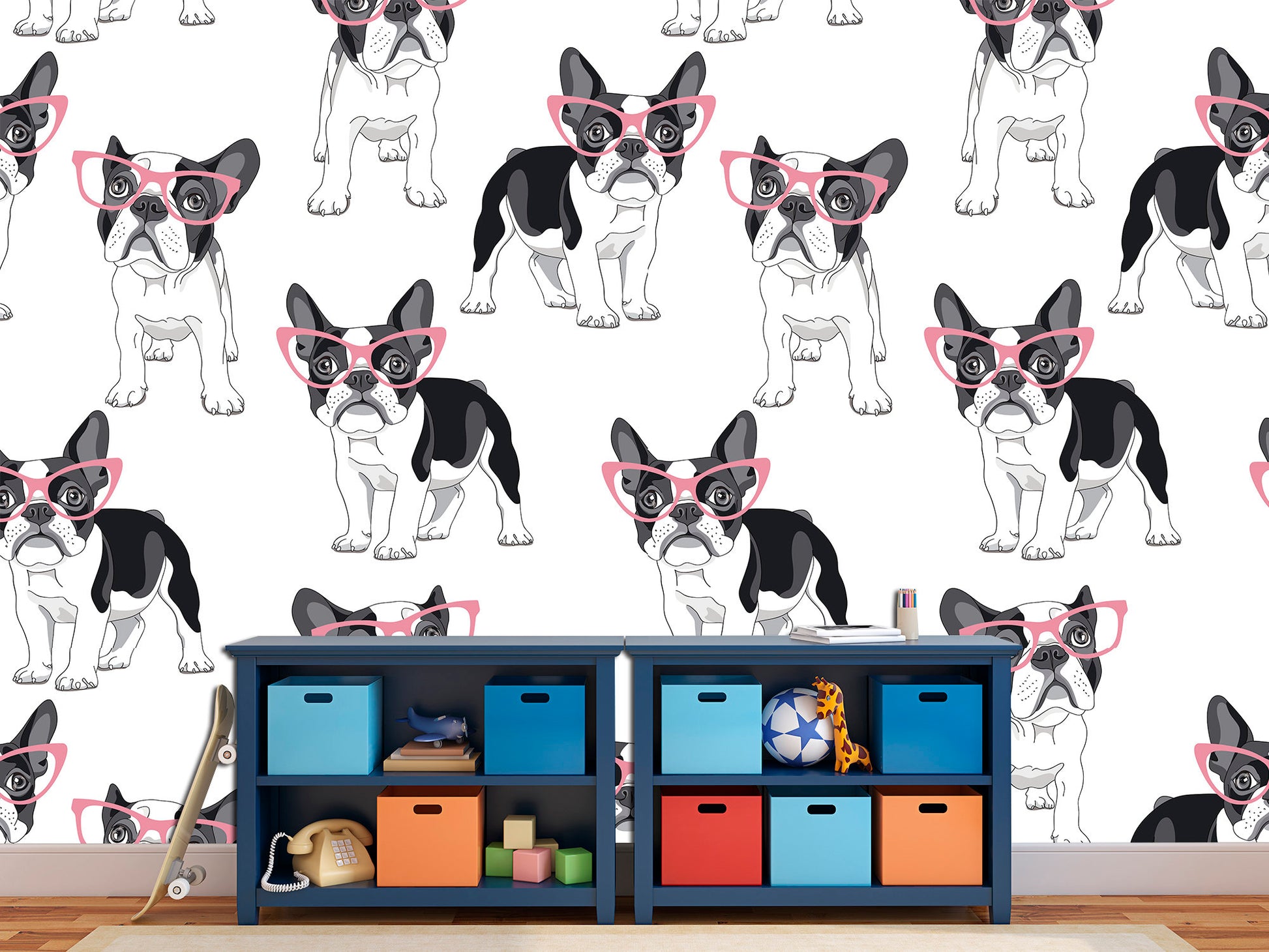 Pink dogs print Removable wallpaper Funny wall art, Puppy wallpaper Dog gift for owners Peel stick wallpaper