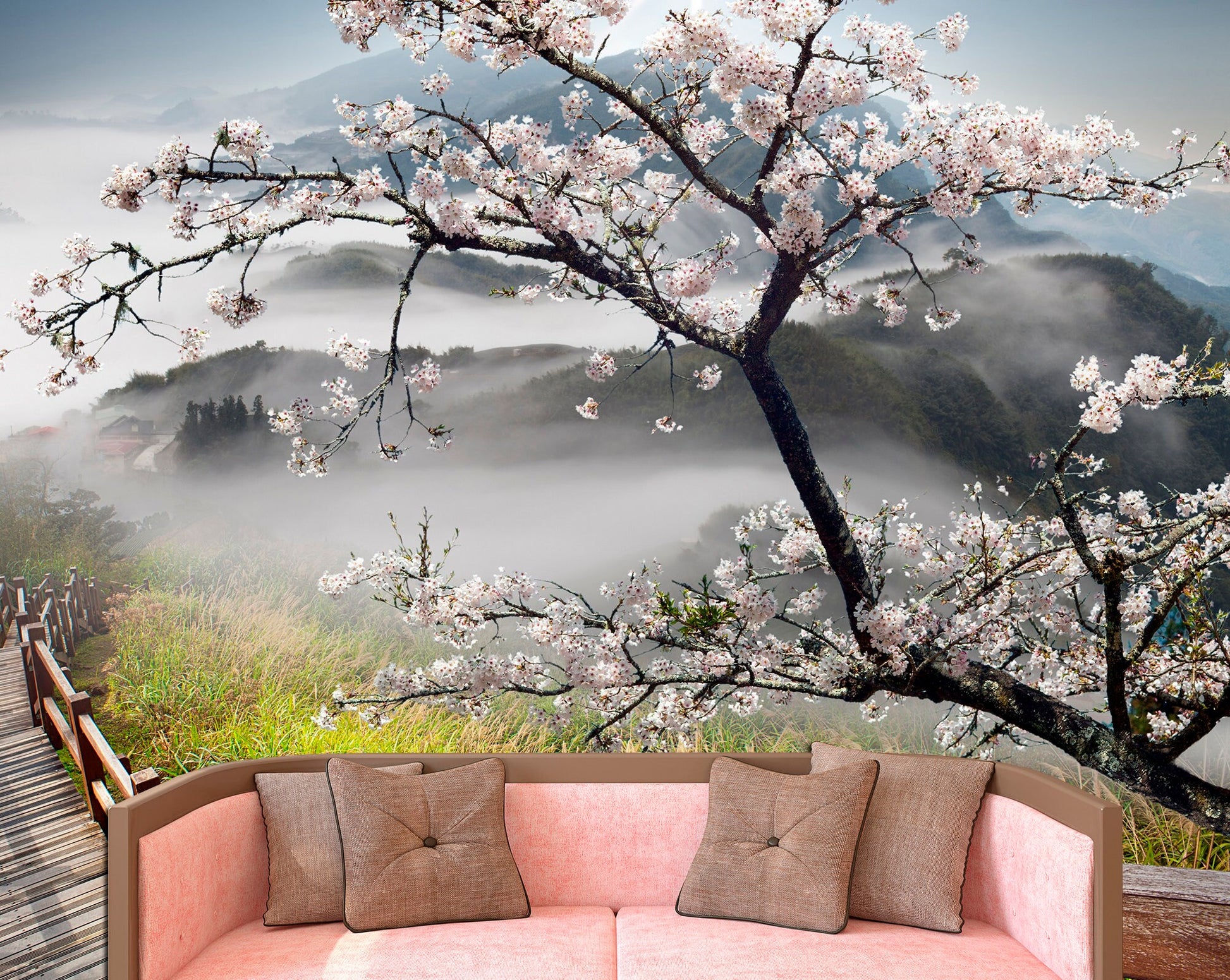 Sakura flower Removable wallpaper Cherry blossom wall Landscape wallpaper, Mountain wall mural Japanese wall decor Cherry blossom art