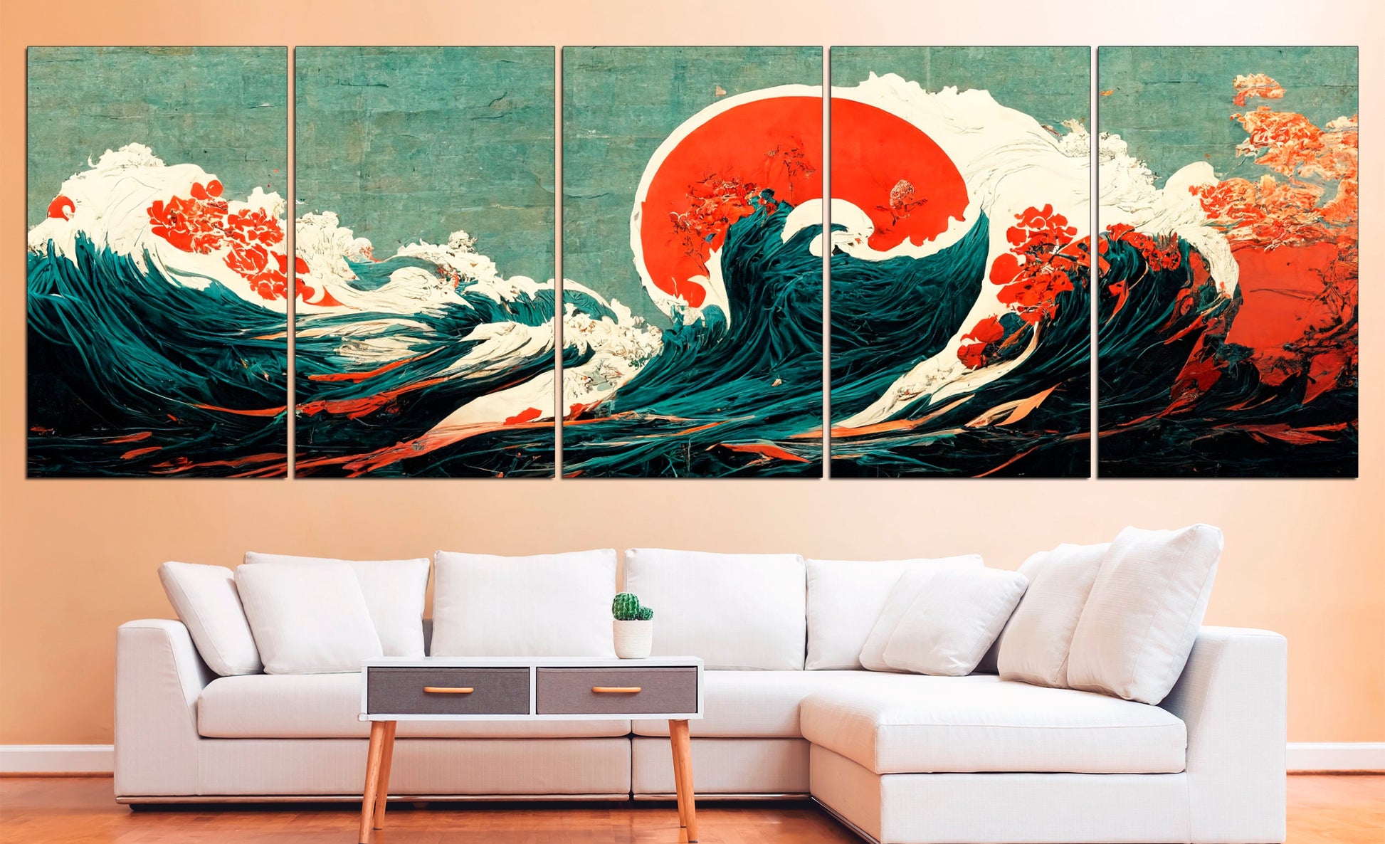 Japanese canvas Great wave print Japan waves canvas, Pink sakura canvas Japanese wall decor Hokusai canvas