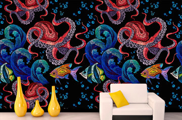 Octopus art print Peel stick wallpaper Navy blue wallpaper, Octopus wall art Removable wallpaper Boys room wallpaper, Animal wallpapers