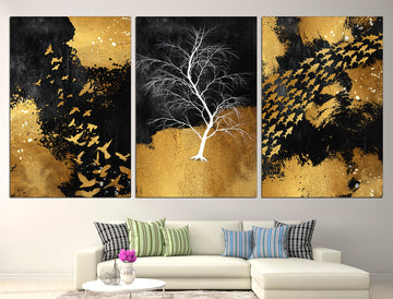 Tree silhouette Black gold wall art Set of 3 prints, Tree branch print Wood wall art Gallery print set