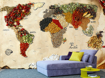 World map wallpaper Spices wall decor Wallpaper mural, World map wall art Spices wall art Adhesive wallpaper, World & Maps wallpapers