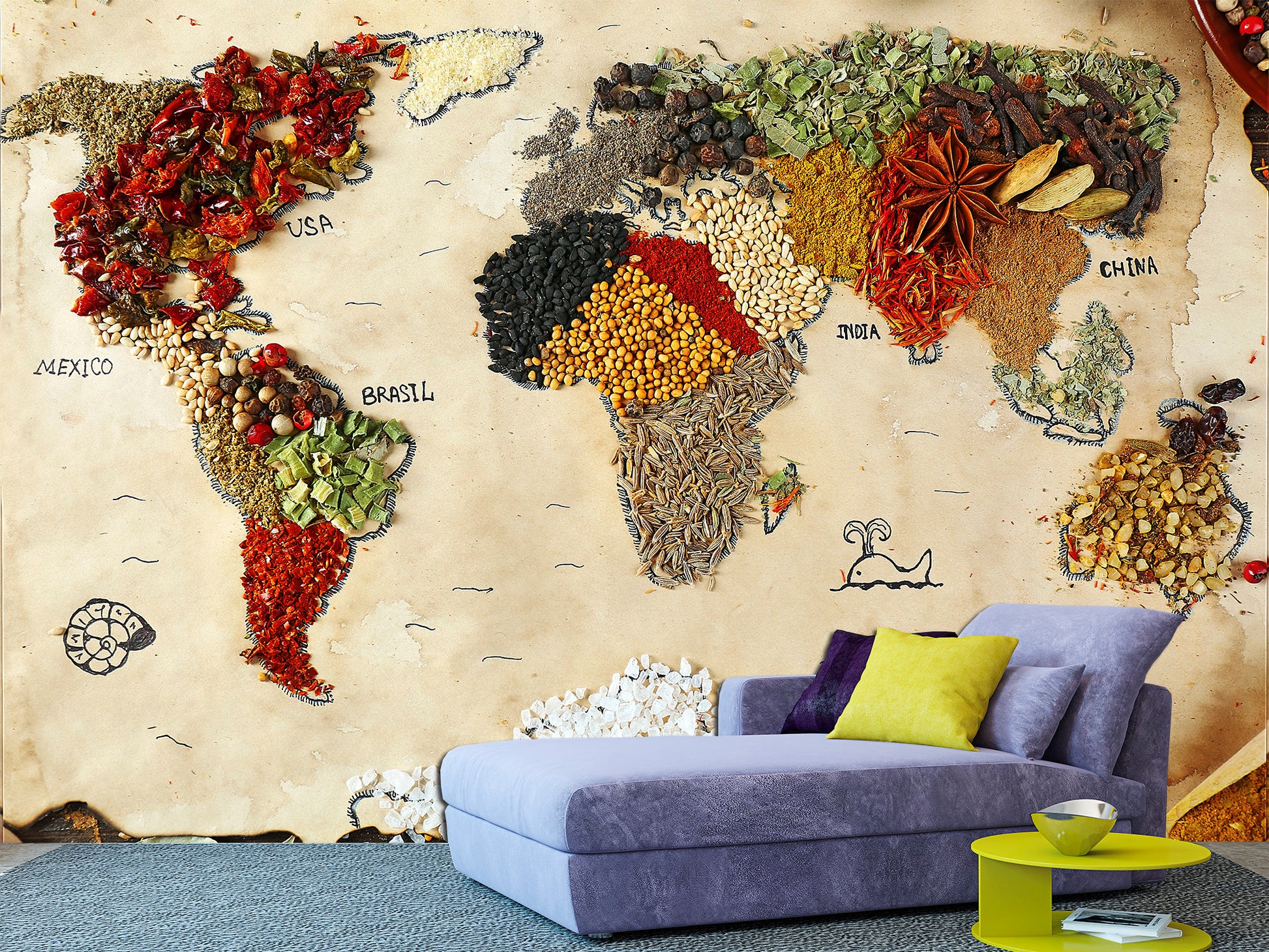 World map wallpaper Spices wall decor Wallpaper mural, World map wall art Spices wall art Adhesive wallpaper