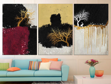 Gold tree wall art Set of 3 prints, Black gold wall art Tree wall decor Wall art set of 3