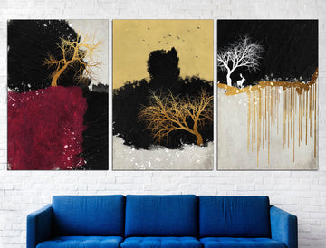 Gold tree wall art Set of 3 prints, Black gold wall art Tree wall decor Wall art set of 3