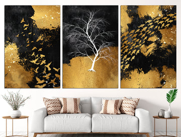 Tree silhouette Black gold wall art Set of 3 prints, Tree branch print Wood wall art Gallery print set