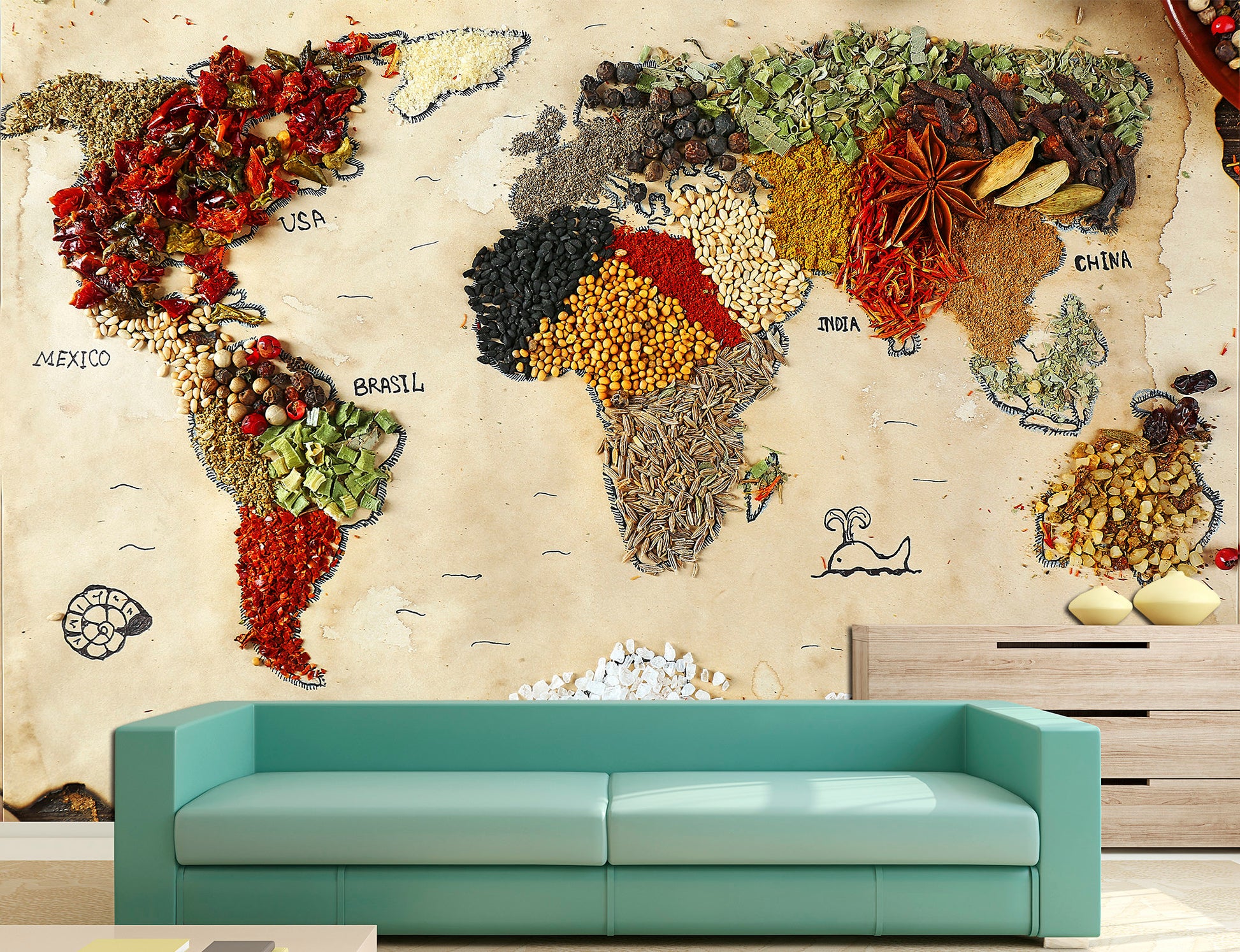 World map wallpaper Spices wall decor Wallpaper mural, World map wall art Spices wall art Adhesive wallpaper