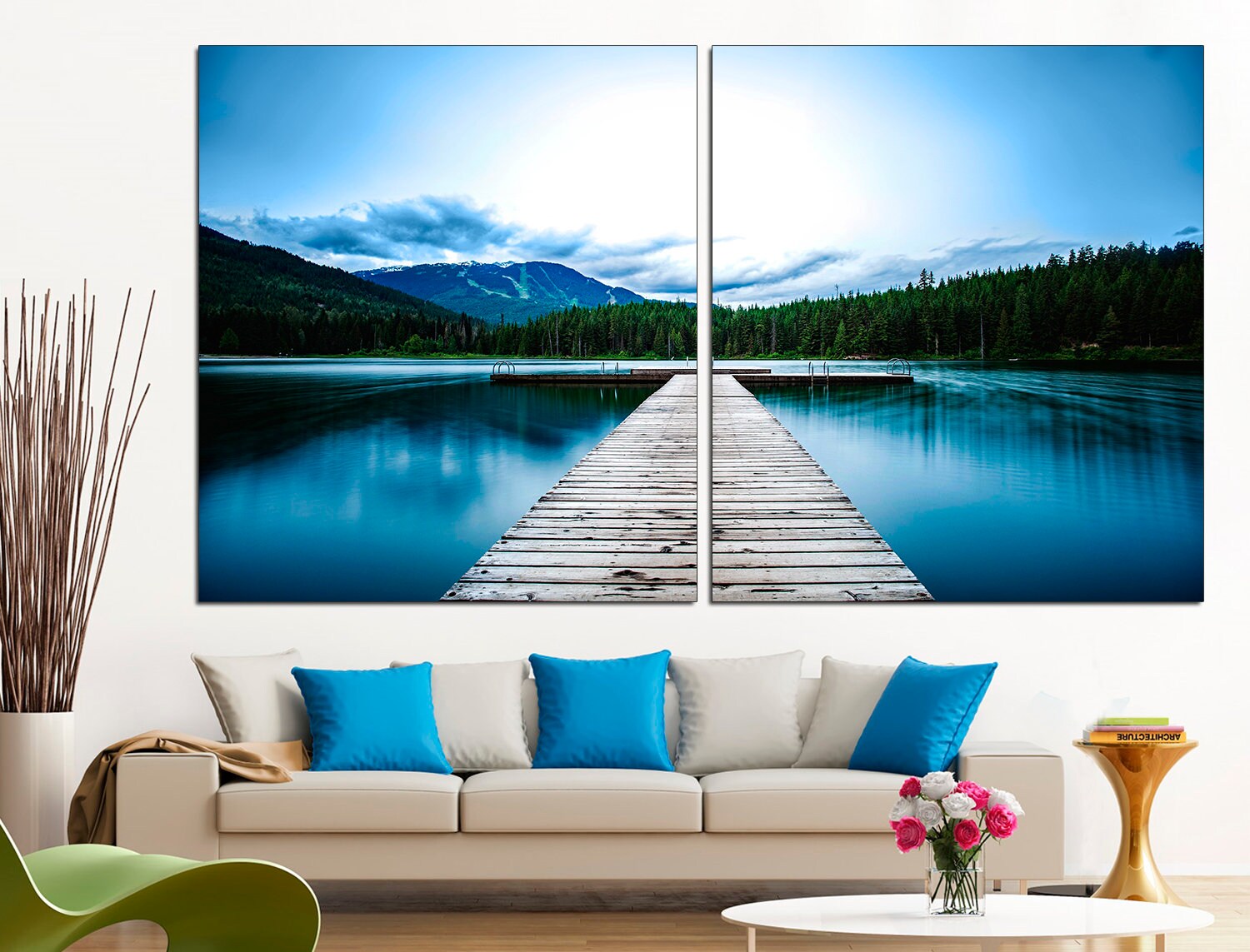 Pier Canvas Art Lake House Decor, Forest Canvas Art Mountain Lake Art Canvas Wall Art