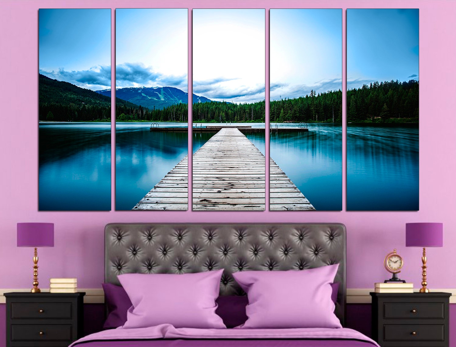 Pier Canvas Art Lake House Decor, Forest Canvas Art Mountain Lake Art Canvas Wall Art