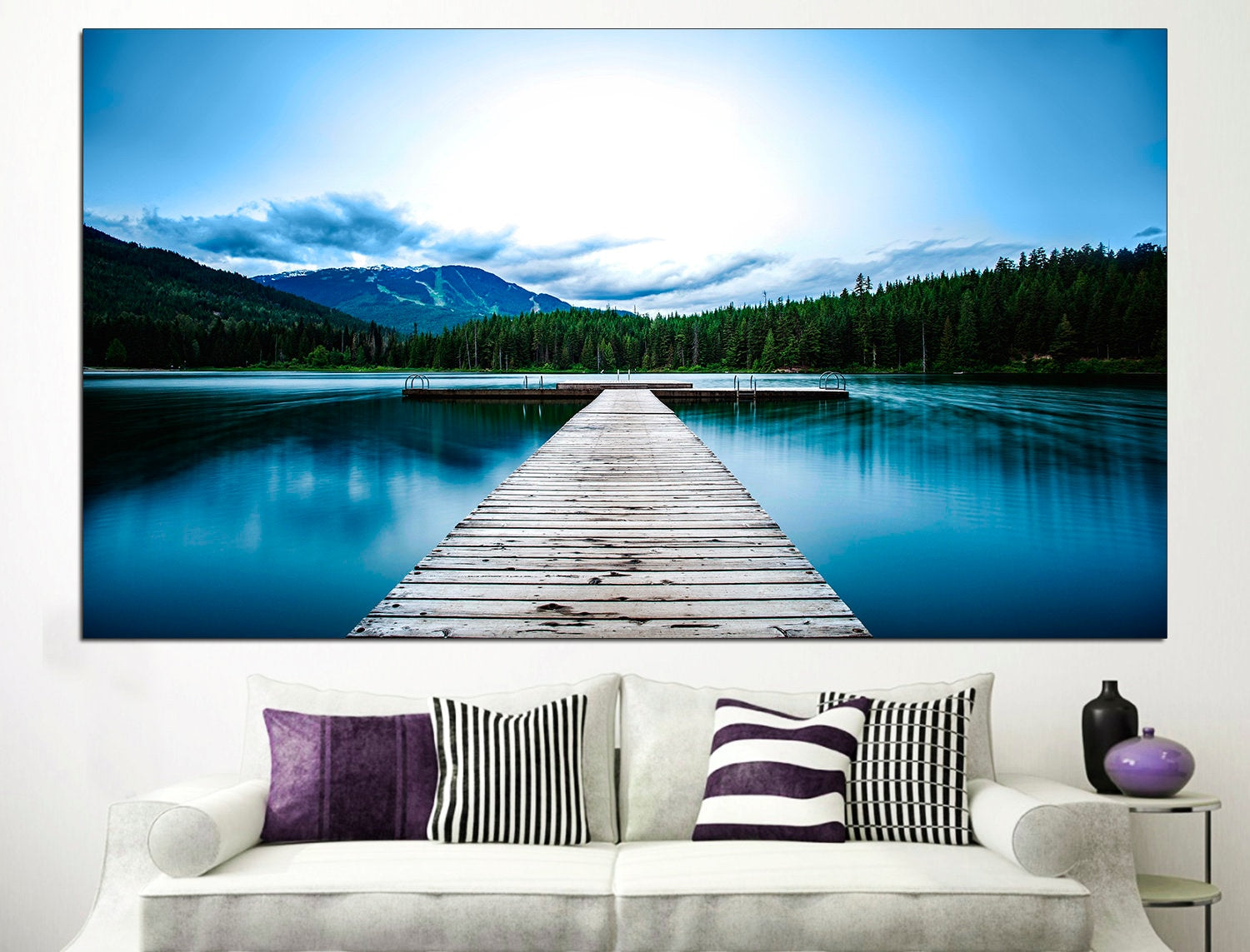 Pier Canvas Art Lake House Decor, Forest Canvas Art Mountain Lake Art Canvas Wall Art