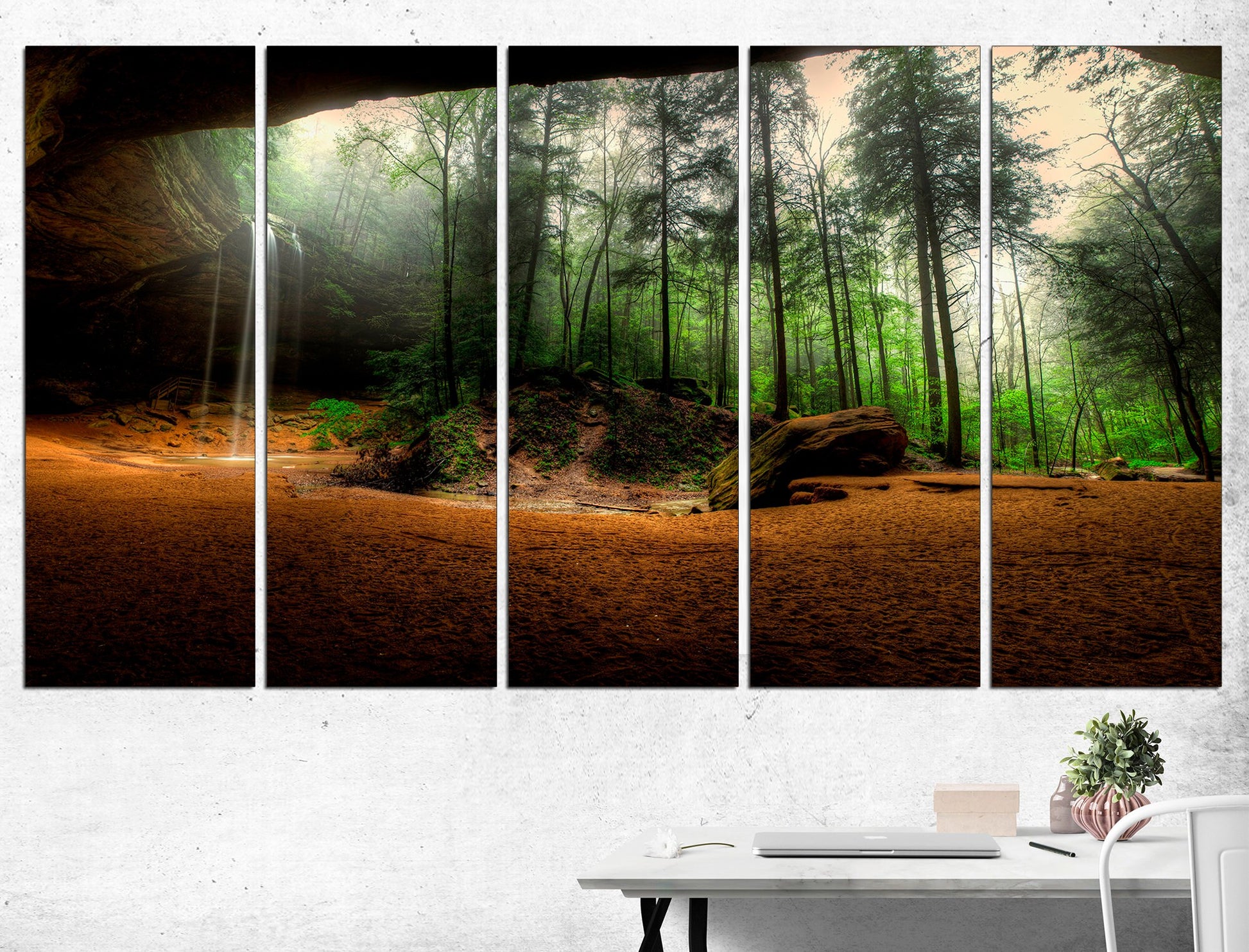 Waterfall Art Forest Landscape Beautiful Waterfall, Forest Poster Forest Waterfall Mountain Waterfall