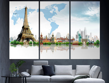 Travel Print Set World Map Wall Art Travel Wall Art, Travel Poster Travel Office Decor 3 Piece Wall Art