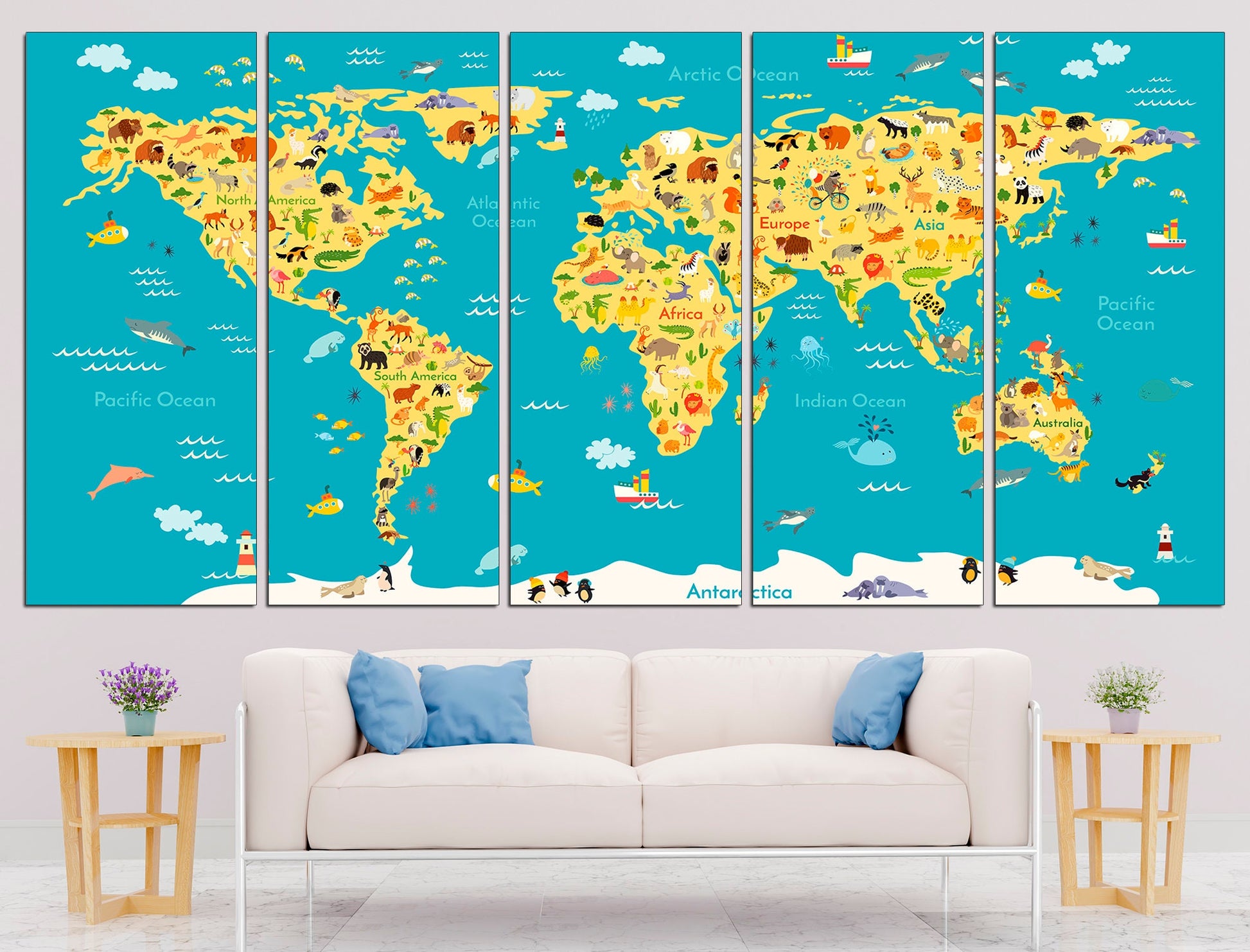 Kids World Map Animal World Map Kids Map Canvas, Kids Map Art Kids Map Print World Map Wall Art