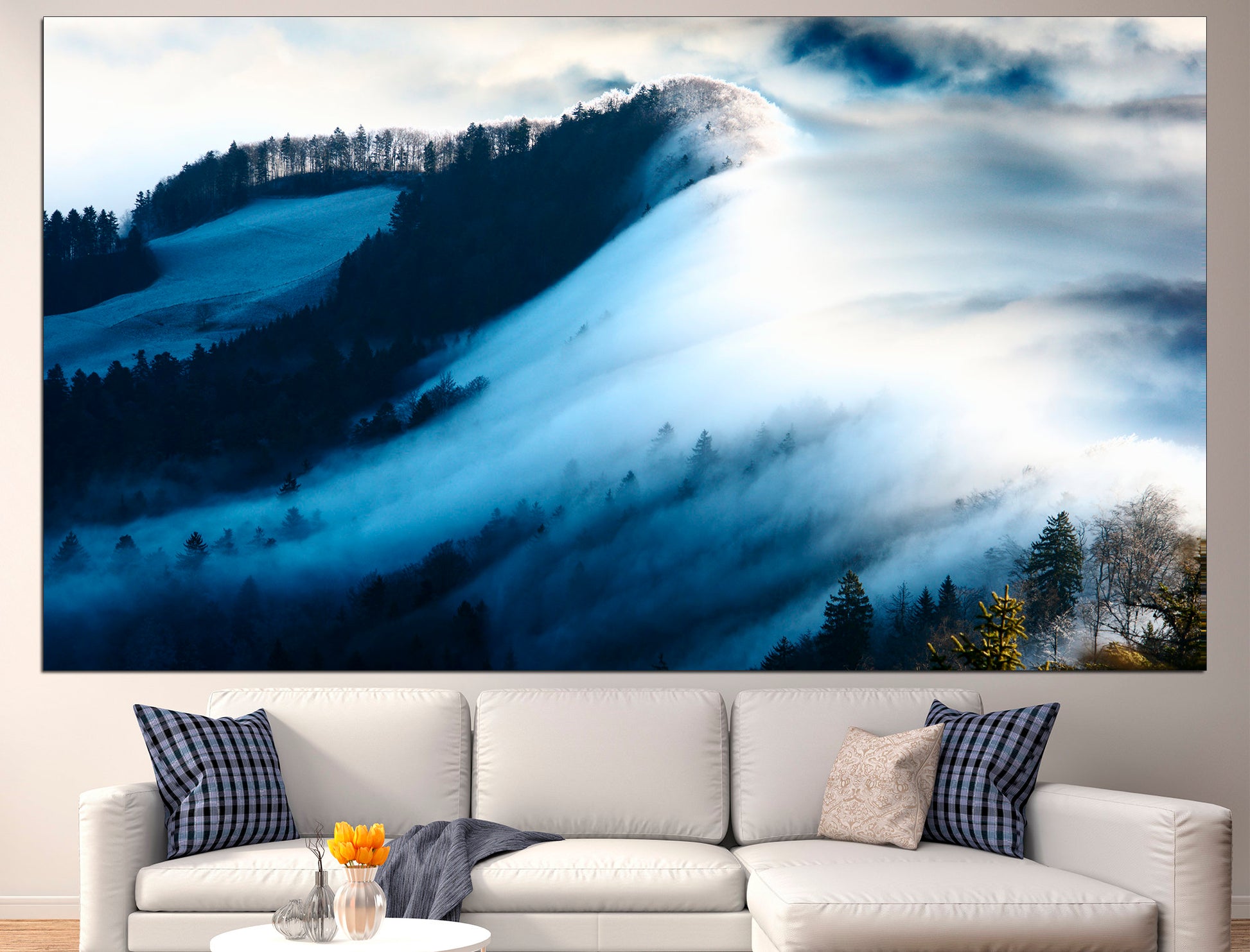 Morning Fog Forest Wall Art Fog Print Mountain, Wall Art Forest Fog Wall Art Fog Canvas Decor