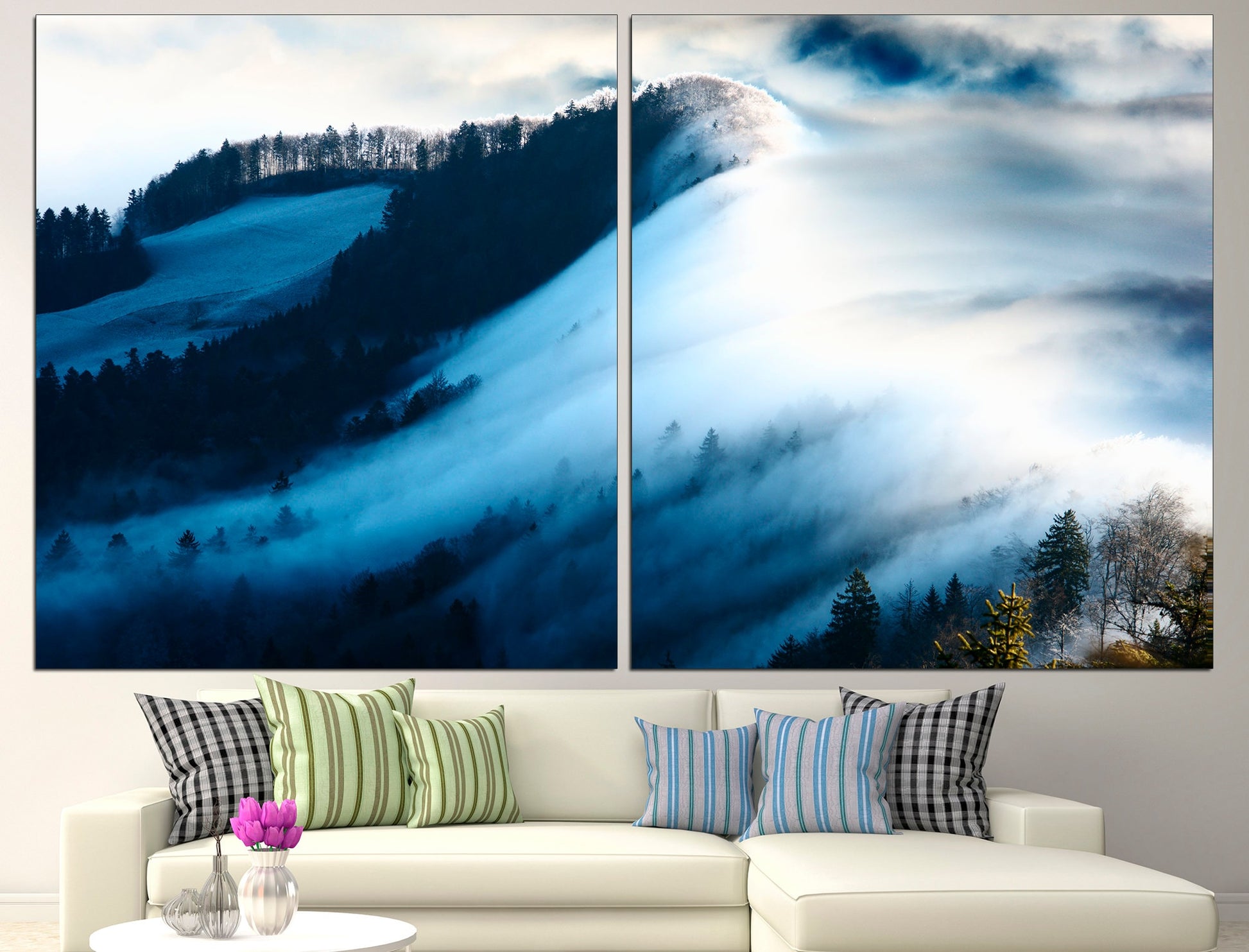 Morning Fog Forest Wall Art Fog Print Mountain, Wall Art Forest Fog Wall Art Fog Canvas Decor