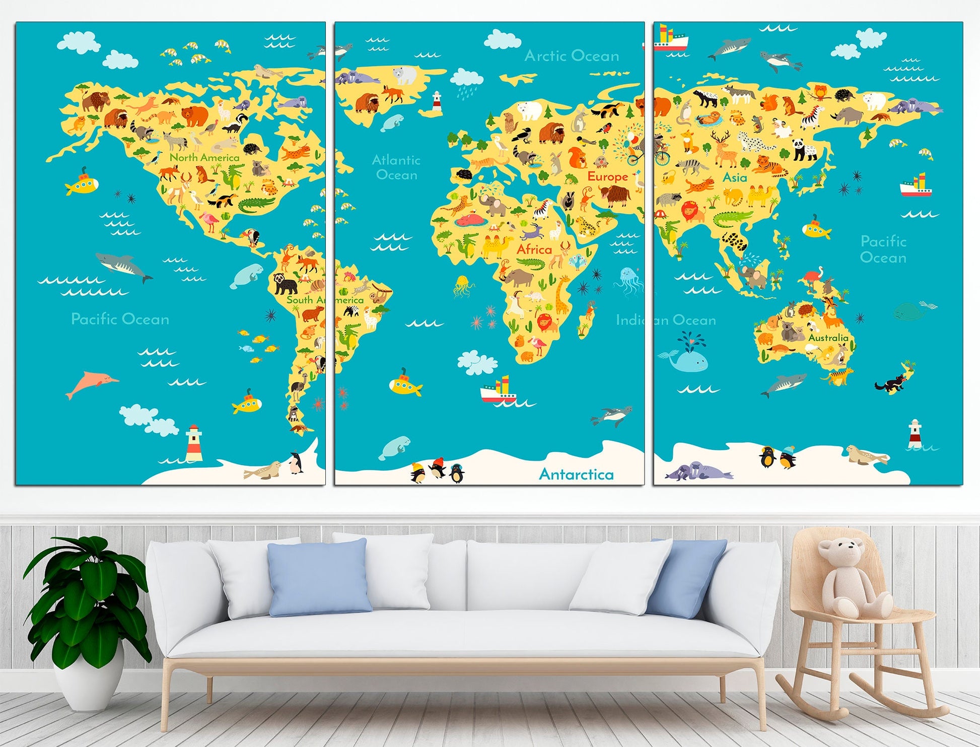 Kids World Map Animal World Map Kids Map Canvas, Kids Map Art Kids Map Print World Map Wall Art