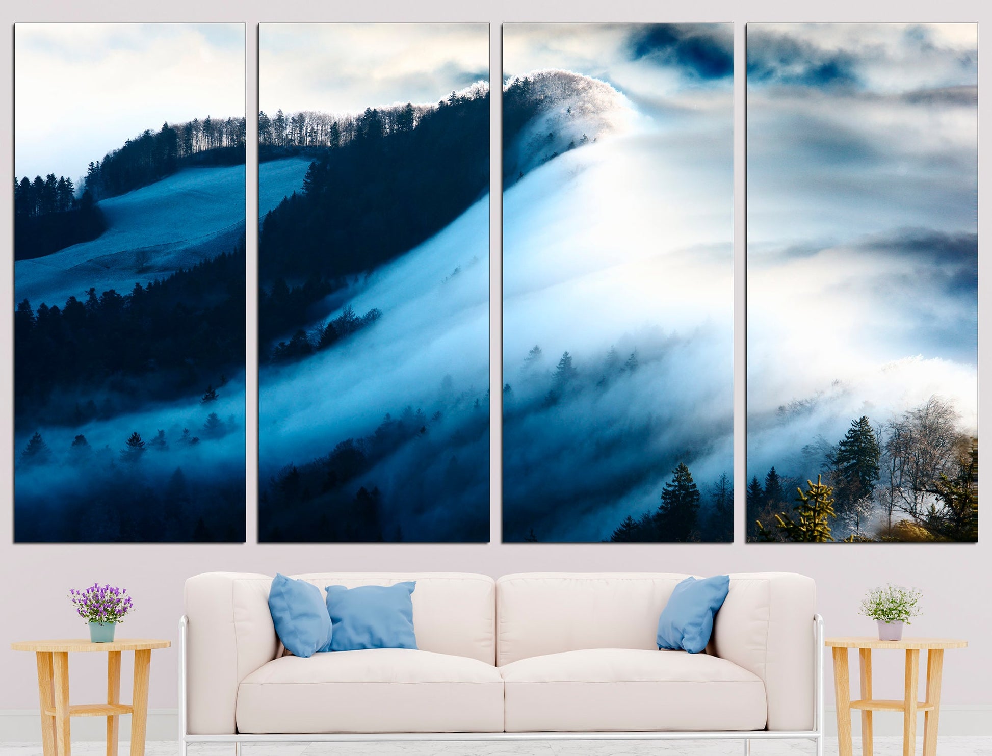 Morning Fog Forest Wall Art Fog Print Mountain, Wall Art Forest Fog Wall Art Fog Canvas Decor