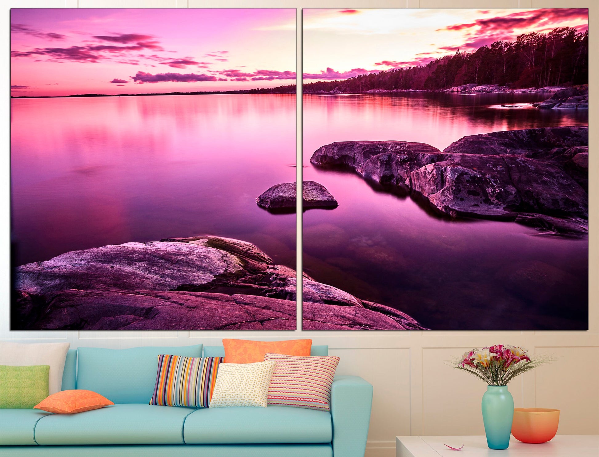 Pink sunset canvas Seascape canvas Purple sunset, Pink wall art Sunset canvas print Ocean sunset