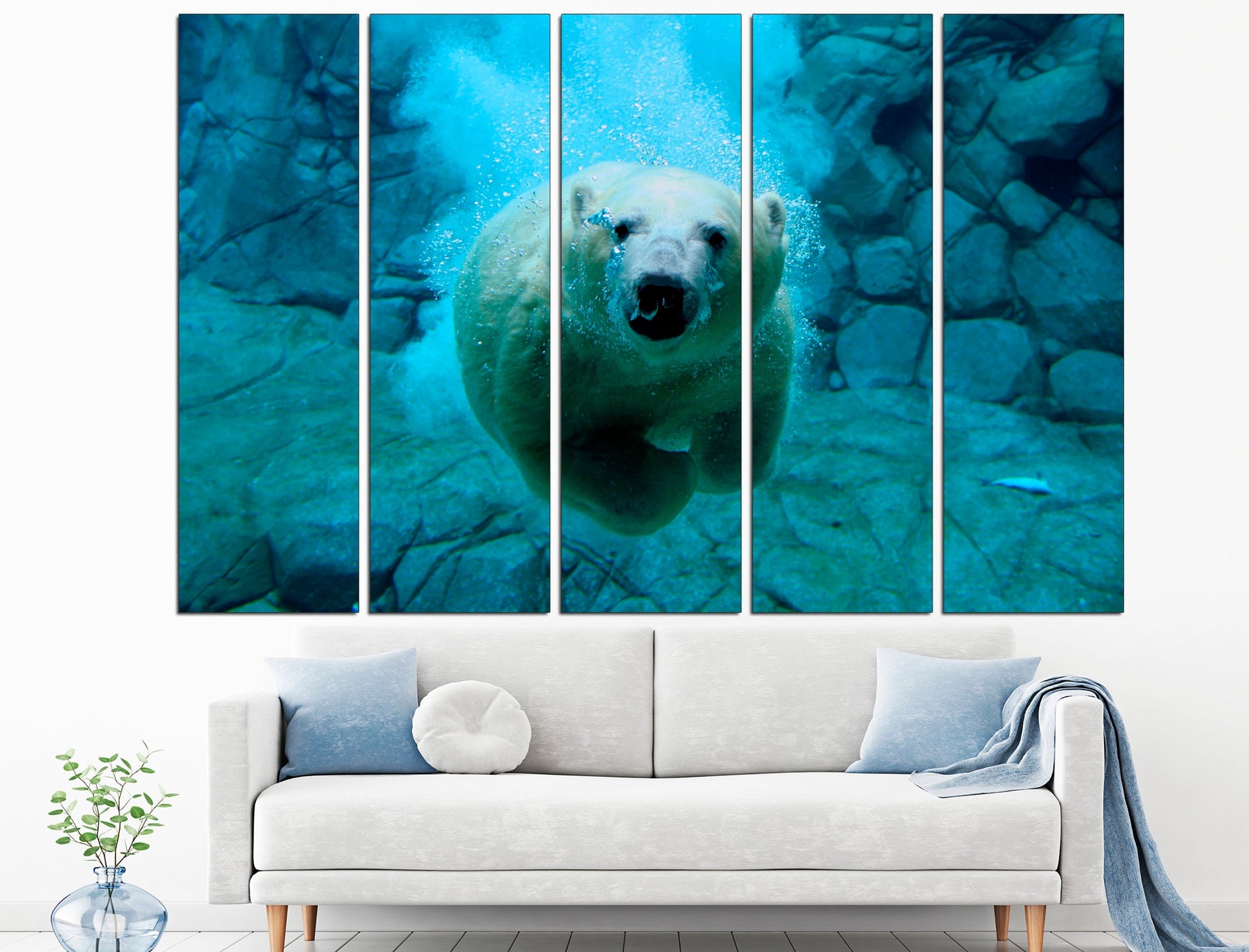 Swimming bear Polar bear print Bear canvas print, Polar bear poster Wild swimming