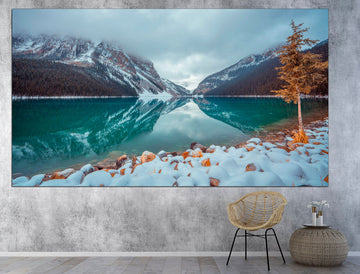 Winter lake canvas Large canvas Mountain lake, Winter forest print Lake and mountains Winter wall decor