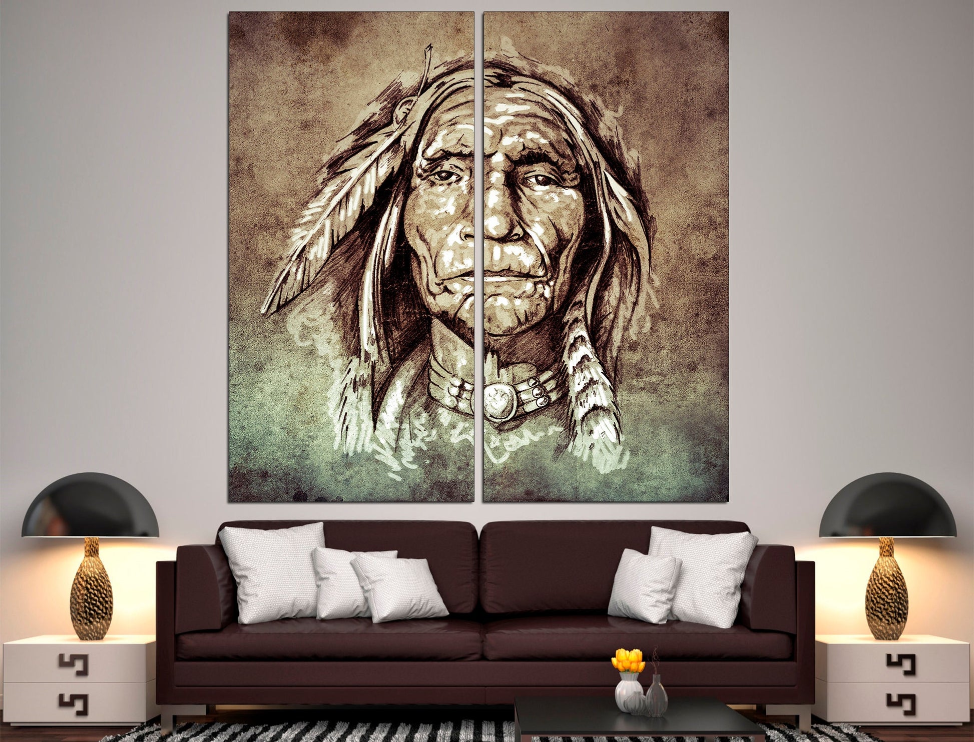 Indian portrait Ethnic wall art Native american art, Modern portrait Canvas wall art Indian decor