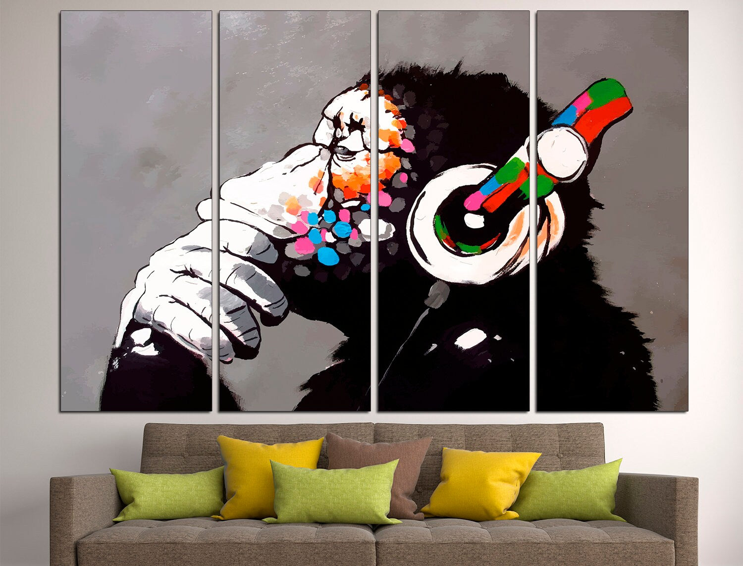 DJ Monkey Music wall art Graffiti canvas Monkey headphones, Modern wall decor Monkey poster Large canvas art