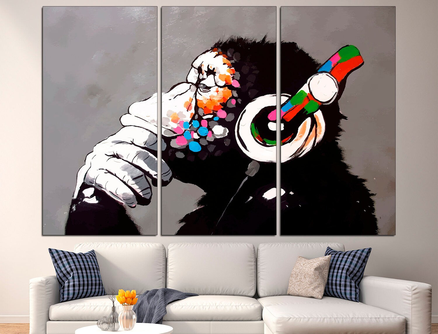 DJ Monkey Music wall art Graffiti canvas Monkey headphones, Modern wall decor Monkey poster Large canvas art