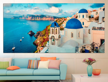 Greece canvas 3 piece wall art Santorini poster, Greece wall art Multi panel canvas Extra large wall art