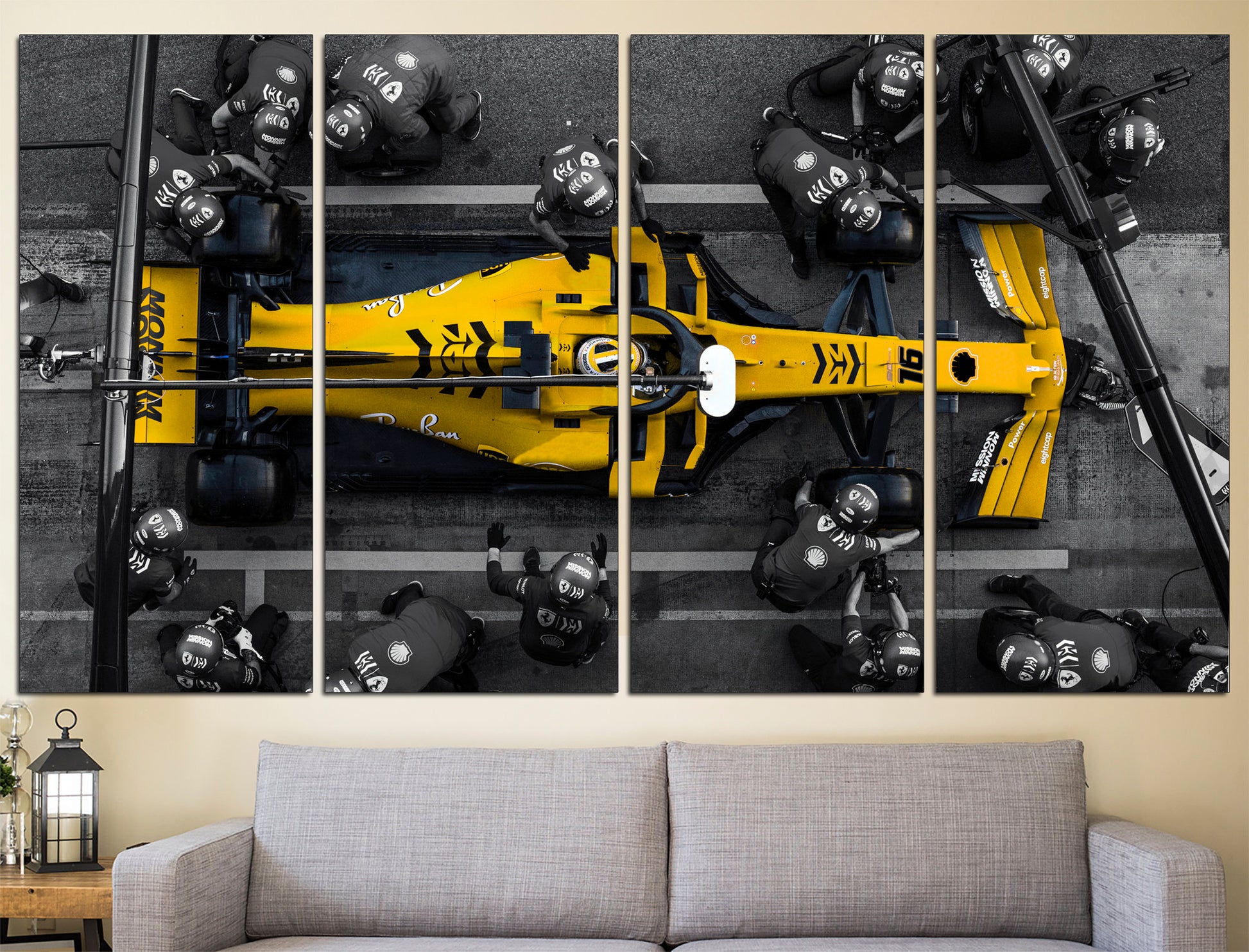 Yellow car canvas Formula one Large canvas art, Sports canvas Yellow wall decor Multi panel canvas